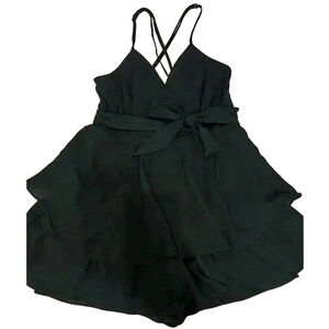 HIGH STREET V-Neck Ruffled Asymmetric Hem Black Romper - Size S